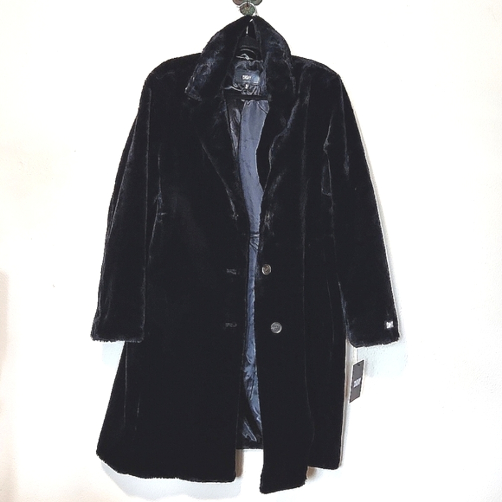NWT DKNY Black Luxury Long Faux Fur Coat Women's Size XLarge MSRP $315
